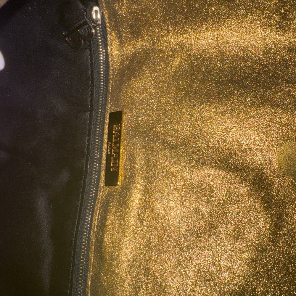 Balmain Gold Croc Leather, Suede, and Rhinestone Patchwork Clutch - Picture 6 of 10